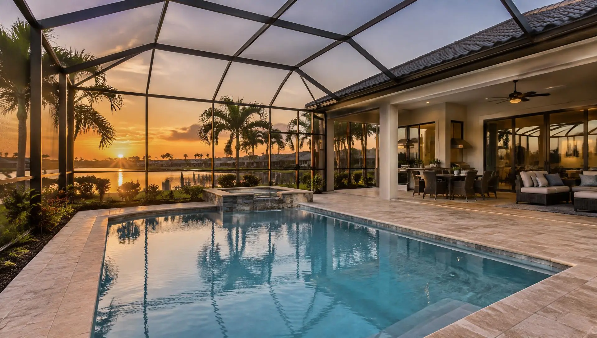 Screened pool enclosure at a Southwest Florida home at sunset